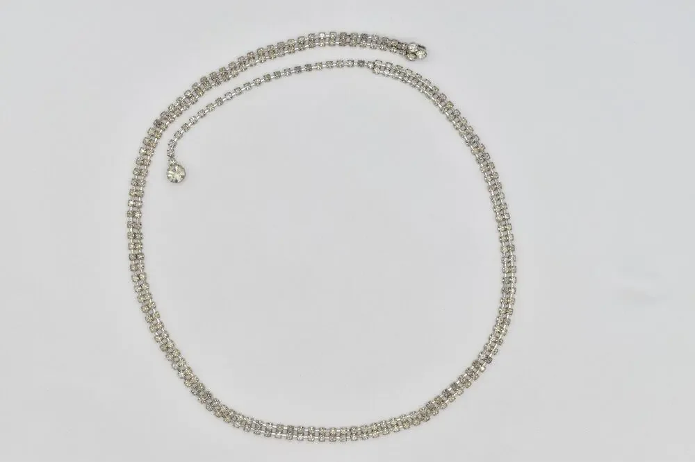 Vintage Prong Rhinestone Crystal Belt Silver Double Row Bridal Evening Glamour